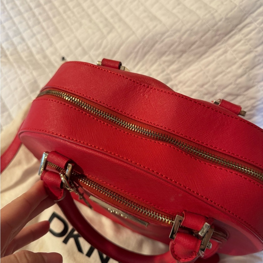 DKNY Red Leather Dome Satchel with Detachable Strap - Picture 2 of 4